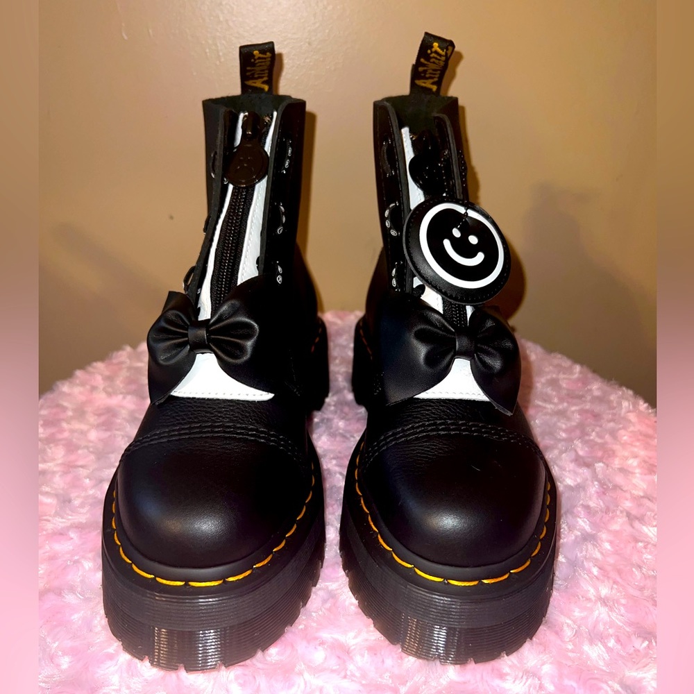 Dr. Martens x LO Sinclair Happy Sad Platform Boots, Black and White, Size 8.